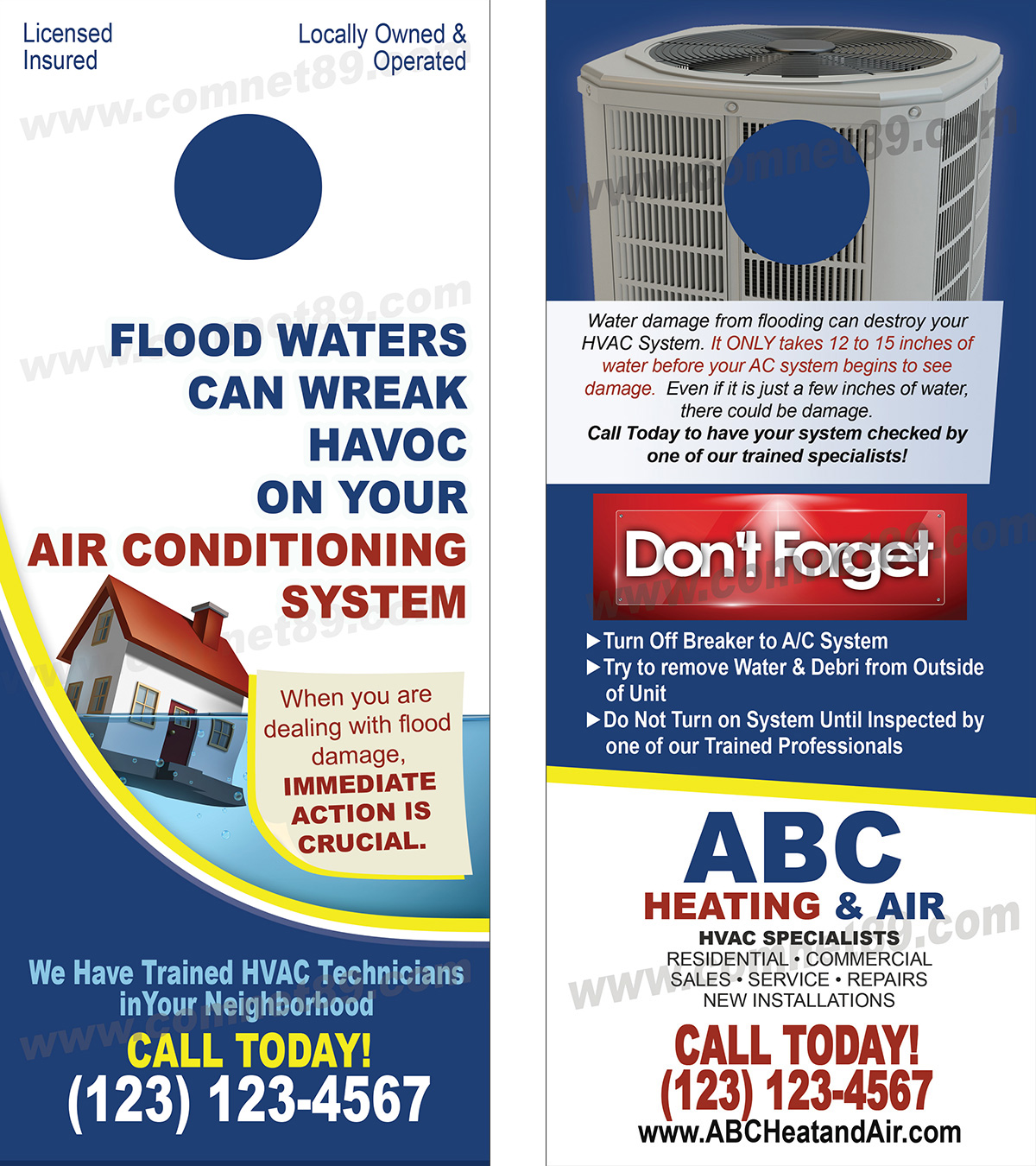 HVAC door hangers are ideal for marketing your services to affected communities after a flood, wind or hail storm, tornado, hurricane or severe weather event