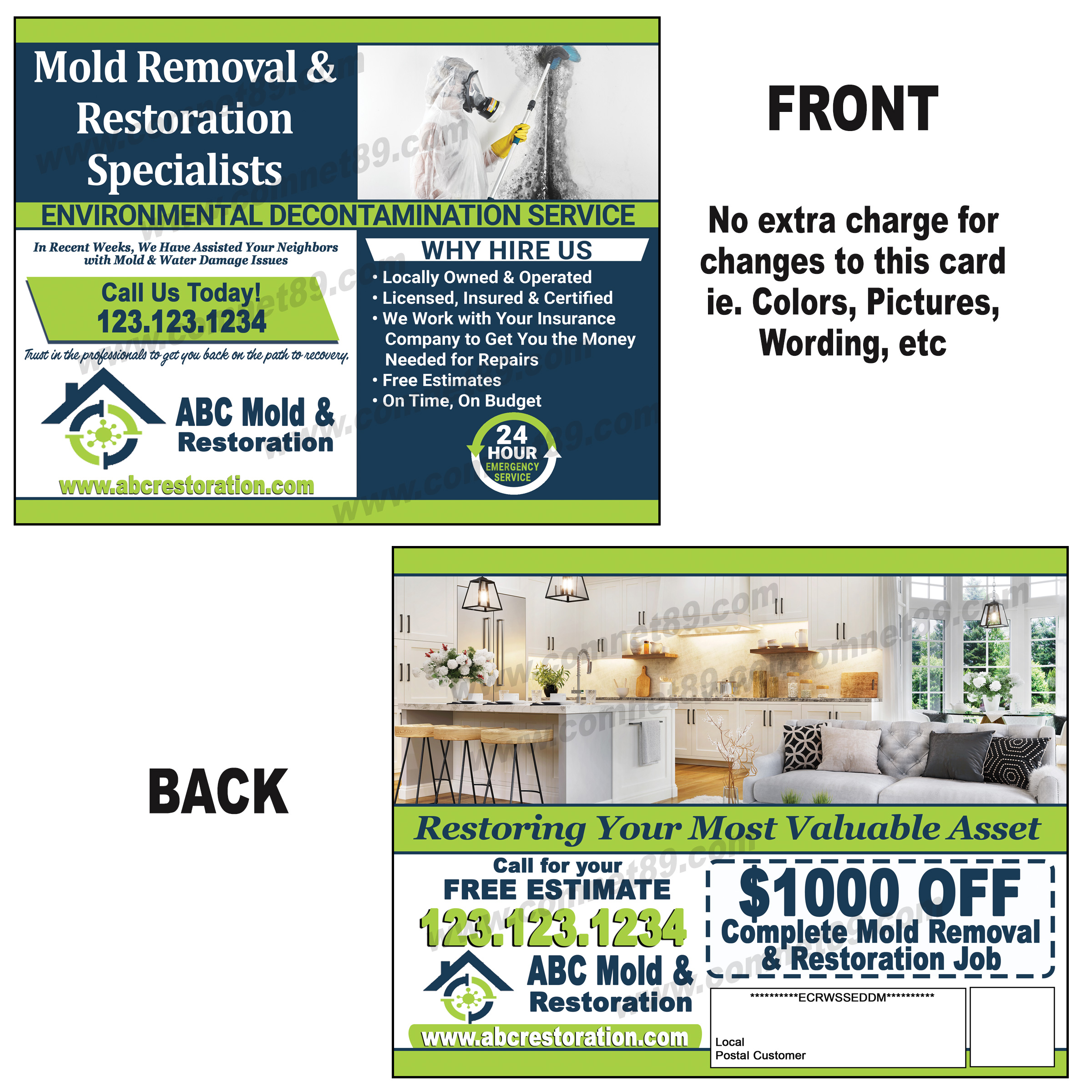 This EDDM® restoration postcard features mold removal and complete restoration of flood damaged homes after a severe weather event such as a hurricane or flood.