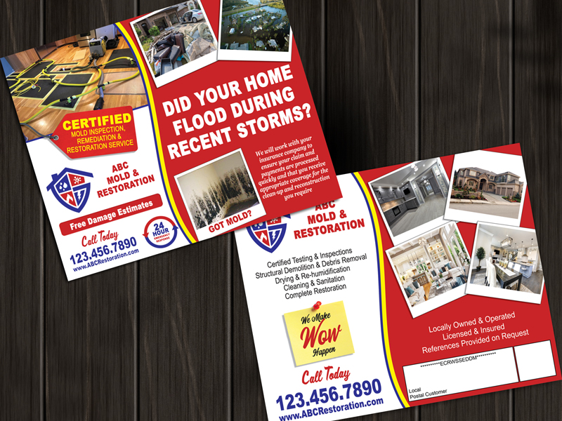 Mail this storm damage mold removal EDDM postcard after a hurricane, or flood. 