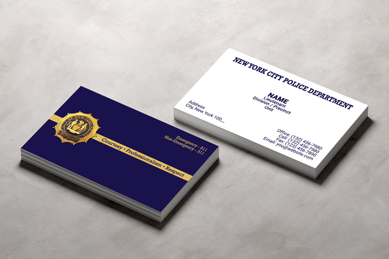This double sided business card is specifically designed and printed for New York Police (NYPD) Lieutenants. Choose from 11 different paper choices. Fast Turnaround