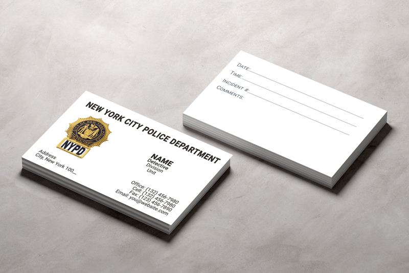 This double sided business card is designed for NYPD detectives. Backside includes date, time, incident # and comments.