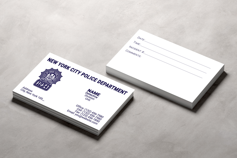This double sided business card is designed for NYPD detectives. Backside includes date, time, incident # and comments.