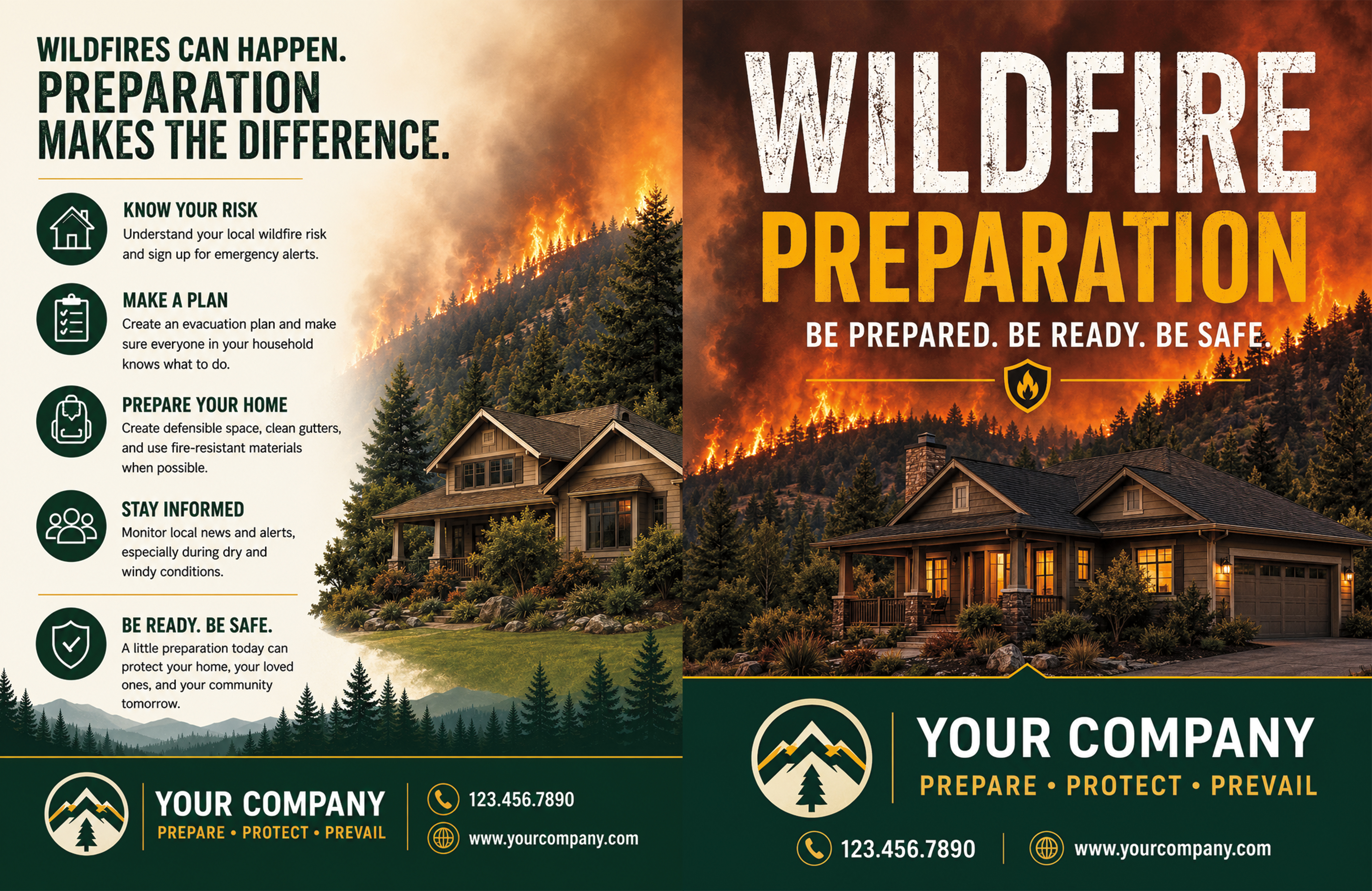 Professional wildfire preparedness half fold brochure cover design featuring dramatic wildfire imagery, emergency preparedness messaging, and custom company branding. The brochure includes wildfire safety tips, evacuation planning awareness, emergency response themes, and bold full-color graphics designed for community outreach, emergency preparedness campaigns, insurance professionals, restoration companies, and wildfire prevention education. The design showcases a modern 11x17 half fold brochure layout with a folded size of 8.5x11, using vivid fire visuals, strong typography, and professional marketing presentation.