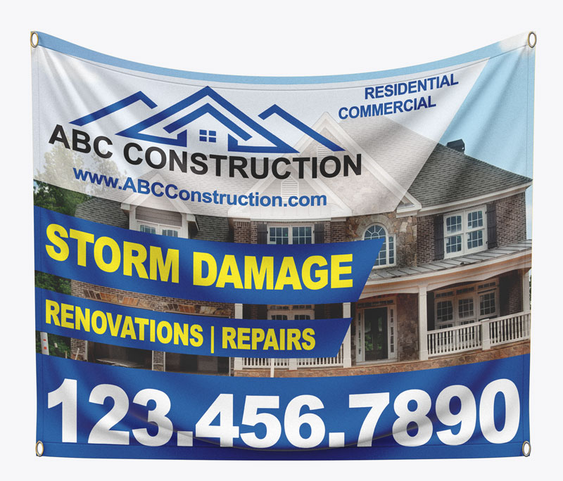 This property restoration & construction banner is recommended for use in neighborhoods that have sustained significant storm damage such as hurricanes, floods, tornadoes, wildfires. 