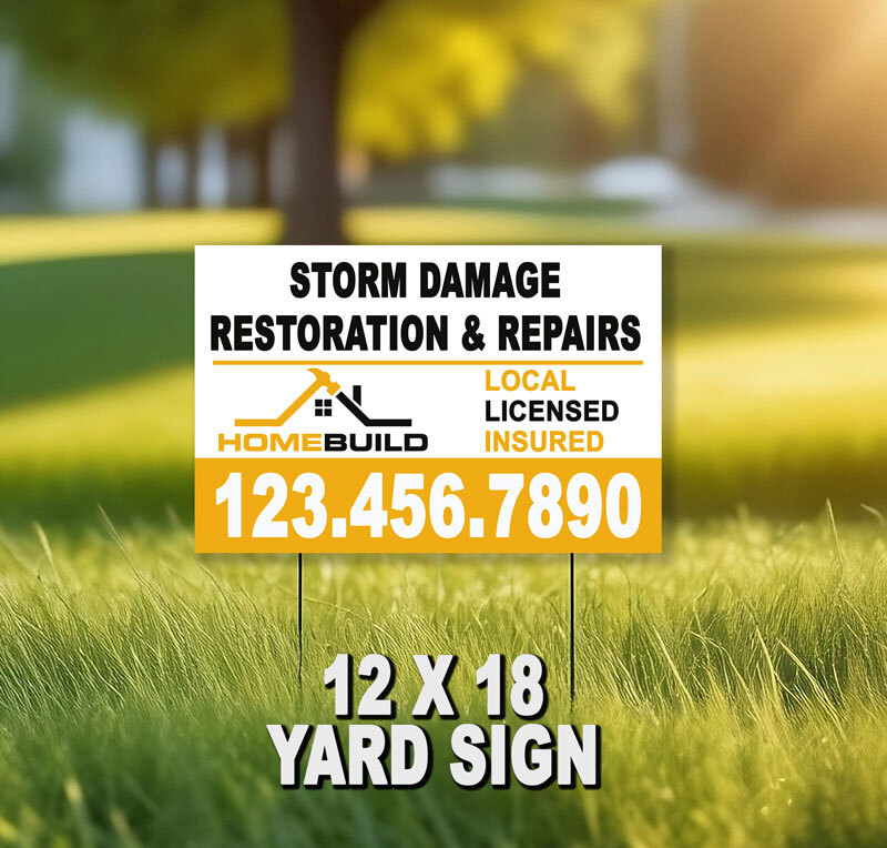 Promote your property restoration contractor services with durable 12" x 18" yard signs! Ideal for advertising storm damage repairs and general construction projects. Stand out and attract more clients today!
