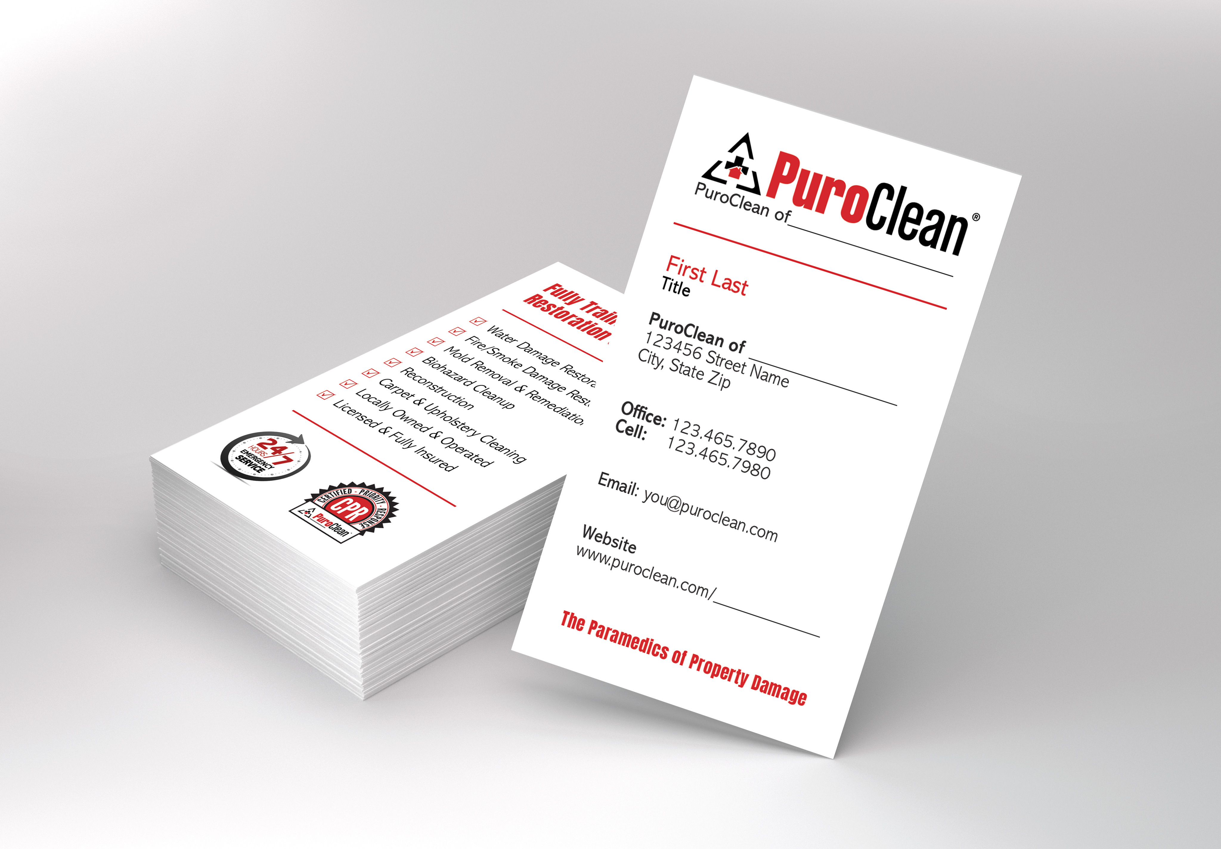 Business cards enable PuroClean technicians to easily provide contact info to storm victims in need of property restoration.