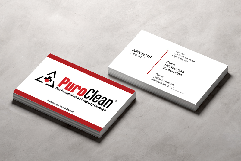 PuroClean business cards showcases your expertise in storm damage restoration.