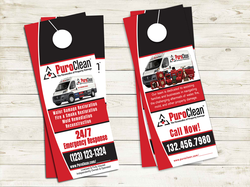 Increase brand visibility with our professionally designed door hangers for your Puroclean Franchise in storm damaged areas.