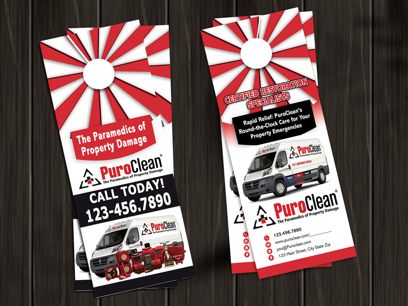 Explore our top-quality storm damage door hangers designed for Puroclean Franchise by Community Network. Stand out and attract customers with our eye-catching designs.