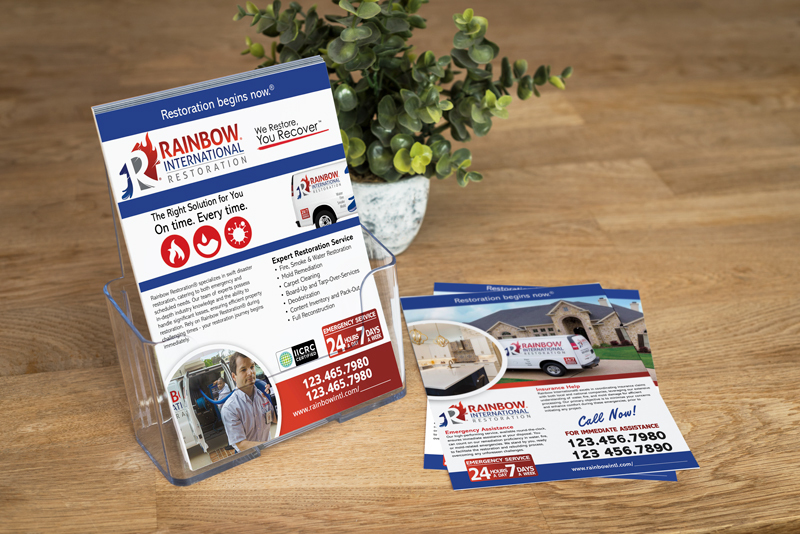 Rainbow International Restore's flyers and postcards economically promote your services post-weather incidents, efficiently increasing awareness of your disruption management solutions.