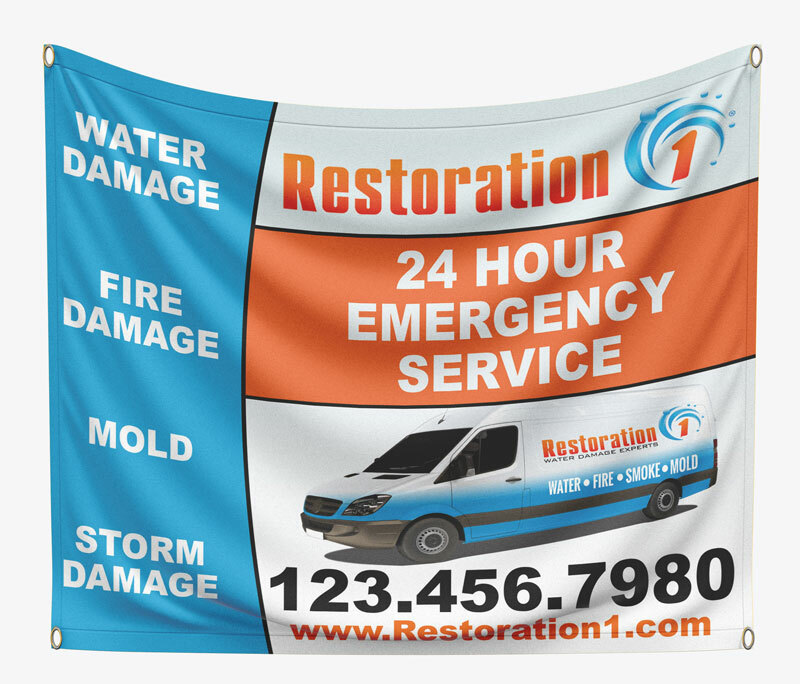 Restoration 1 Storm Damage Banners are your ideal post-disaster marketing solution, offering free overnight shipping to ensure immediate delivery.