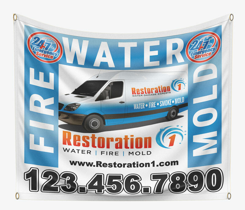 Restoration 1's Storm Damage Banners offer immediate post-disaster marketing solutions, with the added advantage of free overnight shipping for prompt delivery.