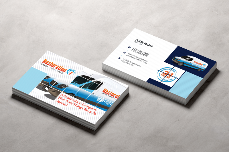 Experience the perfect blend of aesthetics and practicality with Restoration 1 franchise business cards.