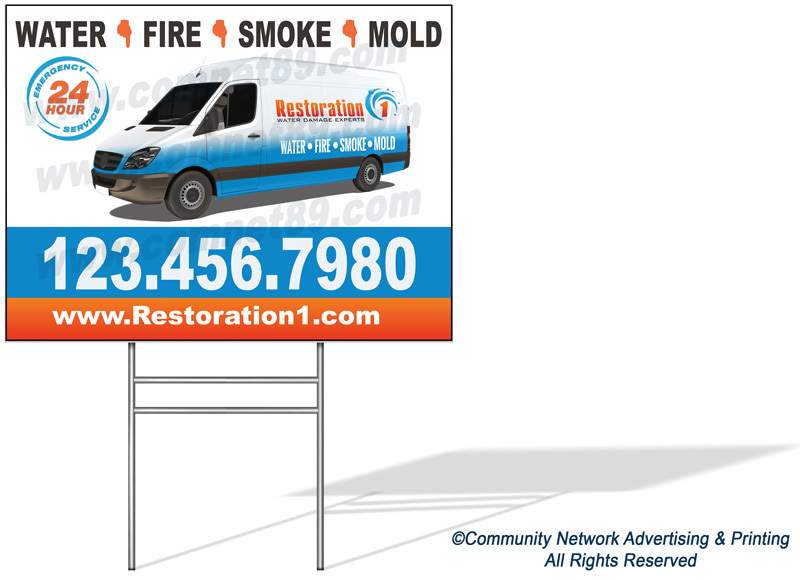 Restoration 1 yard signs provide fast post-disaster marketing with free overnight delivery.