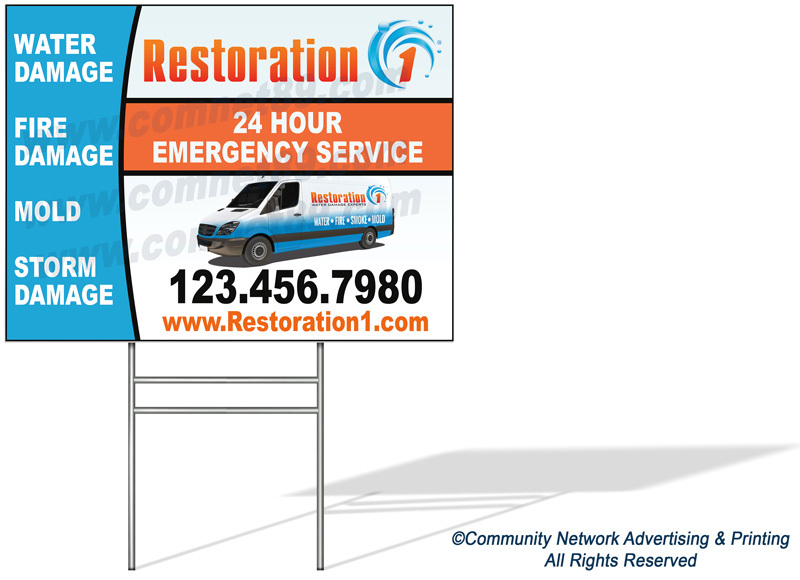 Restoration 1 Yard Signs provide crucial disaster aid information and benefit from free 24-hour shipping. You'll also receive order proof within this timeframe.