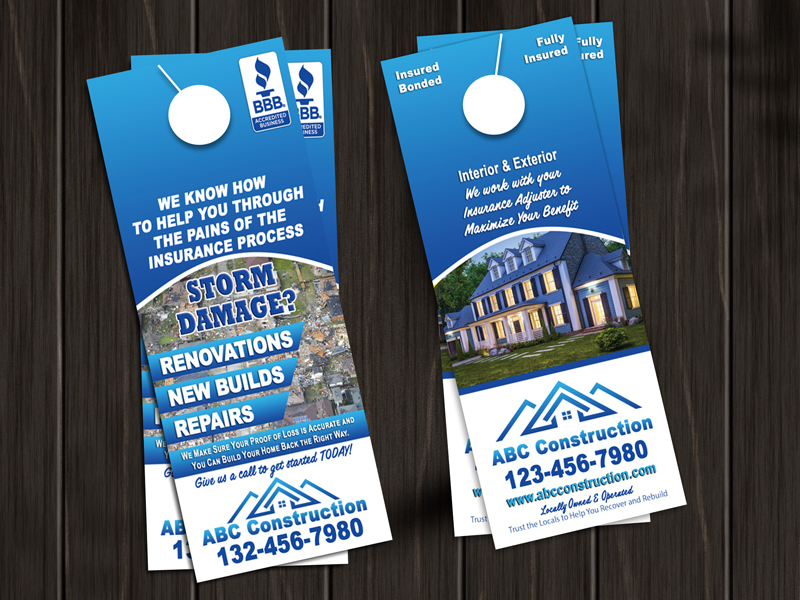 Door hanger for construction company.   Highlights new construction, reconstruction and storm damage repairs