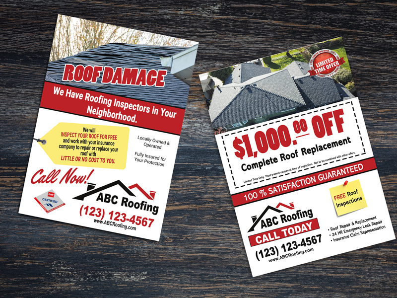 Roof Damage flyer for roofing contractor.  Includes a 1000 off coupon