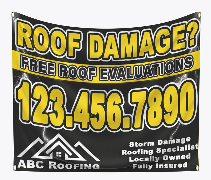 Storm damage roofing banner.  Place in damaged neighborhoods after a hail or wind storm, hurricane, tornado, etc.