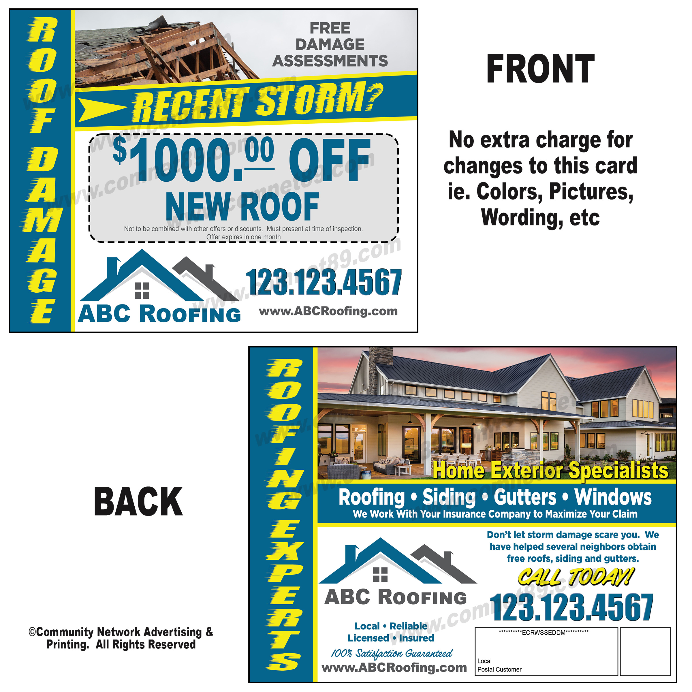 EDDM Postcard for roofing, siding, gutters and window storm damage repairs.