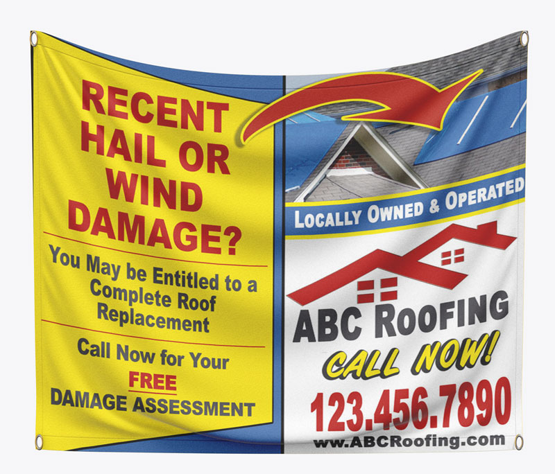 Hail damage banner for roofing contractor.  Place in high visibility areas after a hail or wind storm.