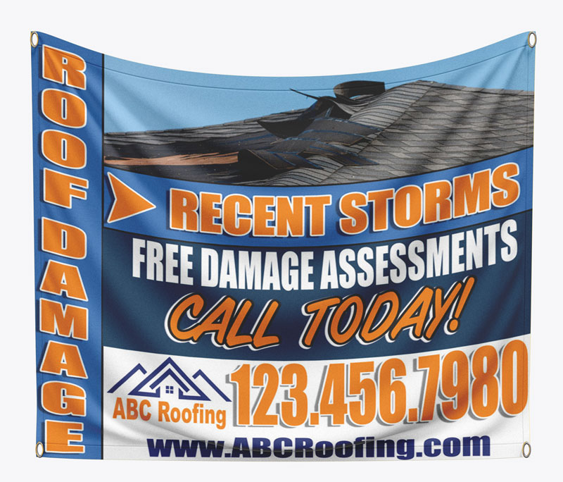 Roof damage 4ft. X 4ft banner. Pair with roofing yard signs, flyers, and door hangers.