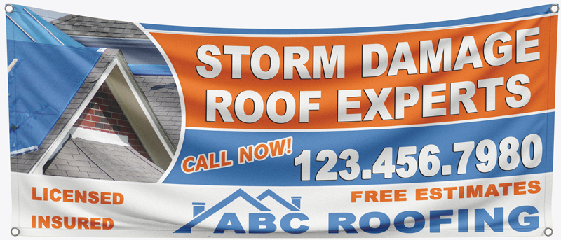 This roofing banner is the perfect solution to reach out to storm damaged neighborhoods. This banner is designed to catch the eye of those who are in need of a reliable roofing contractor.