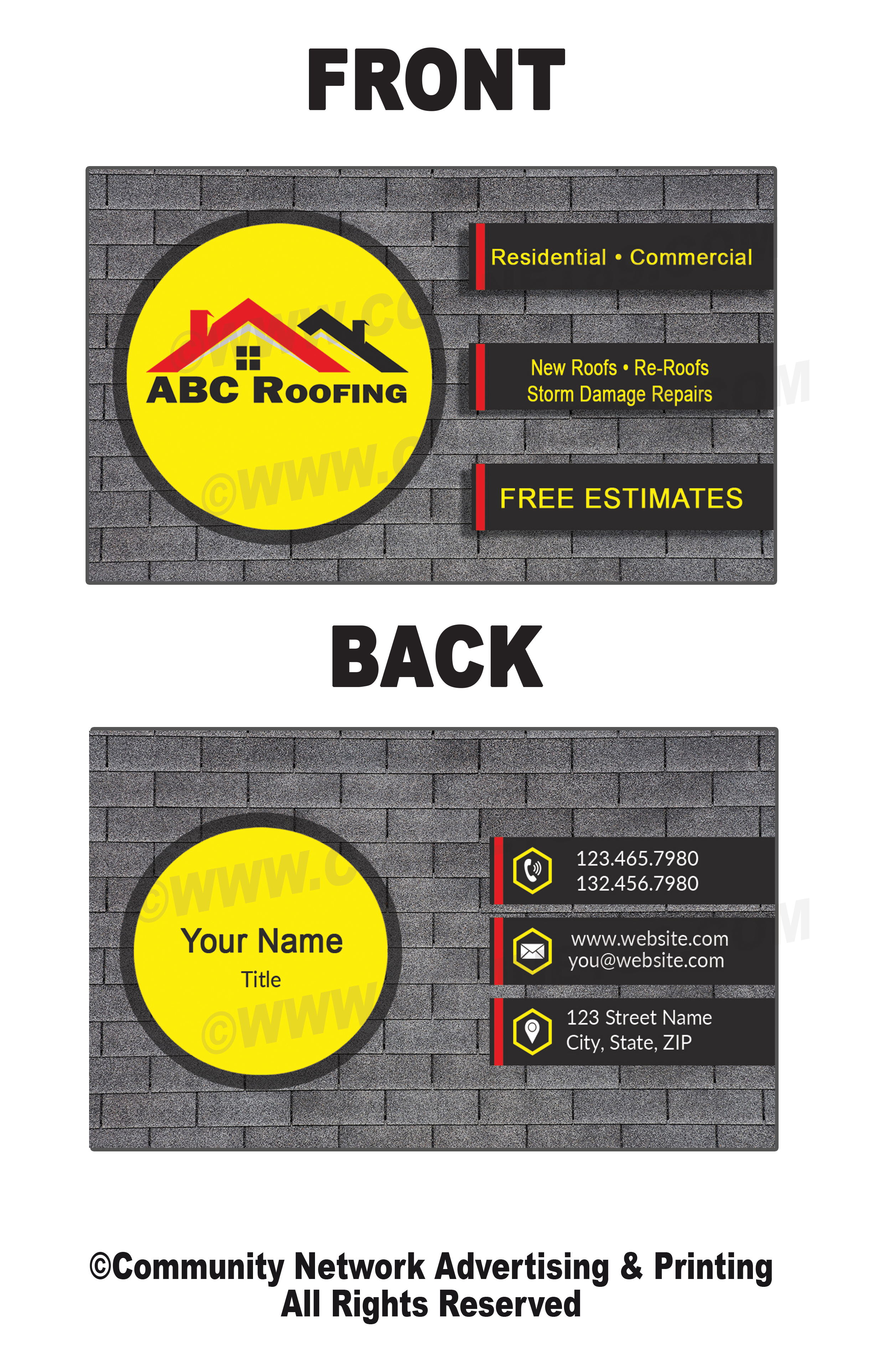 Business card for roofing contractor.  No charge for changes, ie wording, colors, pictures, etc.