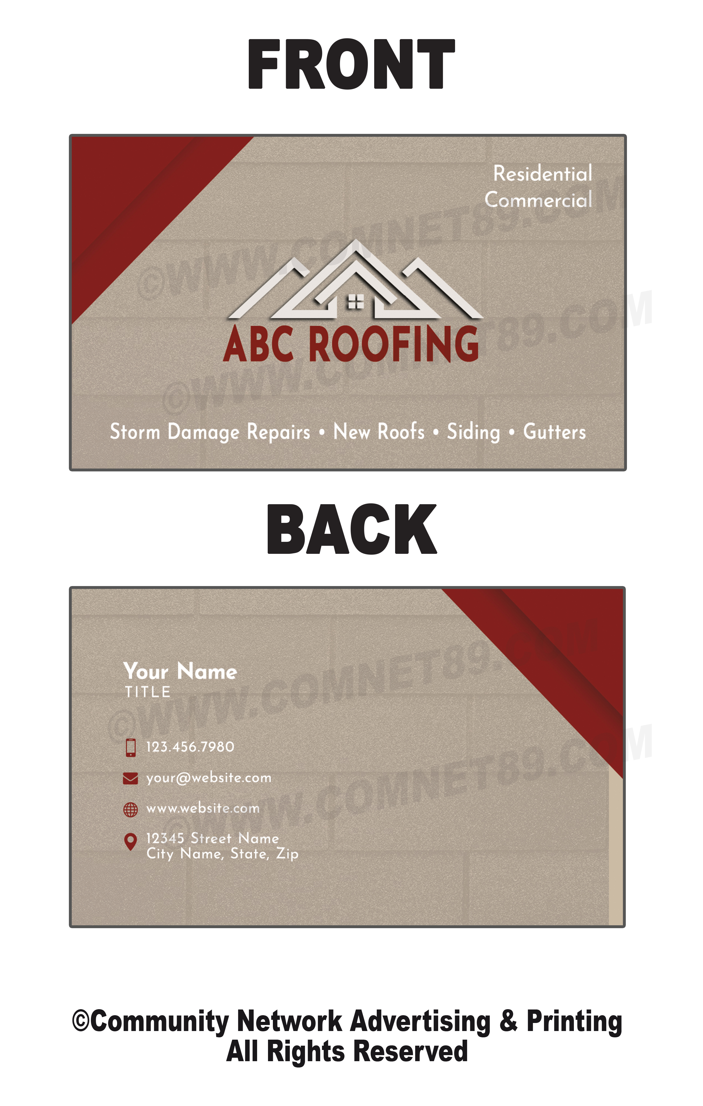 Storm Damage Business Card for Roofers.  Maroon and tan double sided card.