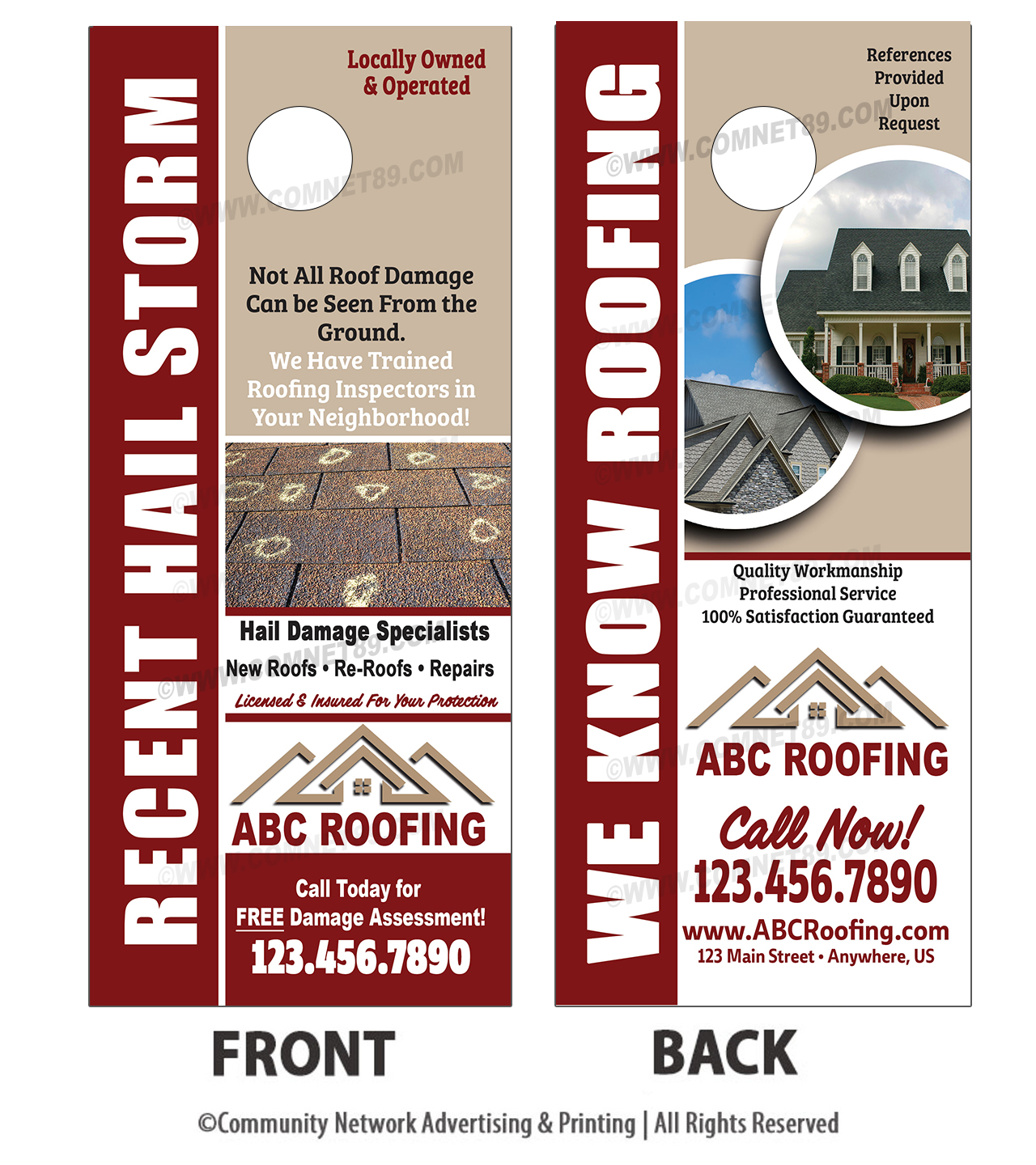 Roofing door hanger with hail damage design. Custom tailored to fit your business.