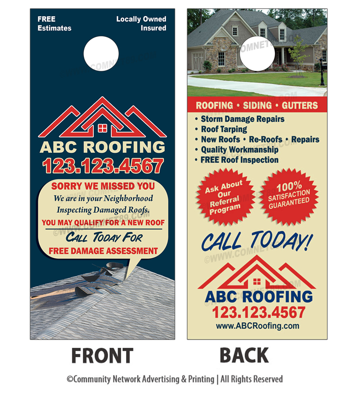 Storm damage door hanger for roofers. Sorry we missed you design