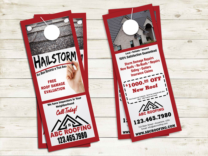 Hail storm door hanger for roofing company.  Custom tailored to fit your roofing company.