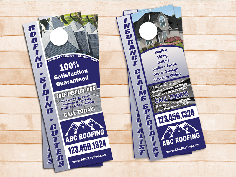 Storm damage roofing door hanger highlighting roofing,  siding and gutter work