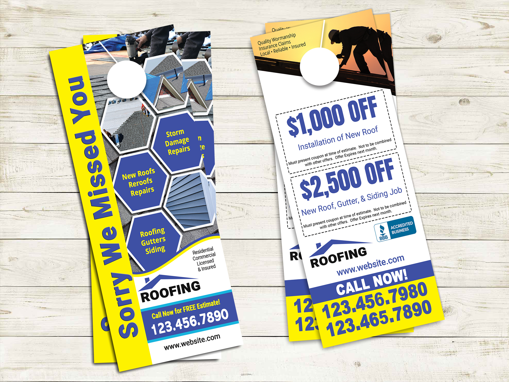 Discover professionally designed storm damage door hangers tailored for roofing contractors by Community Network. Enjoy free changes to wording, pictures, and more for effective marketing campaigns.