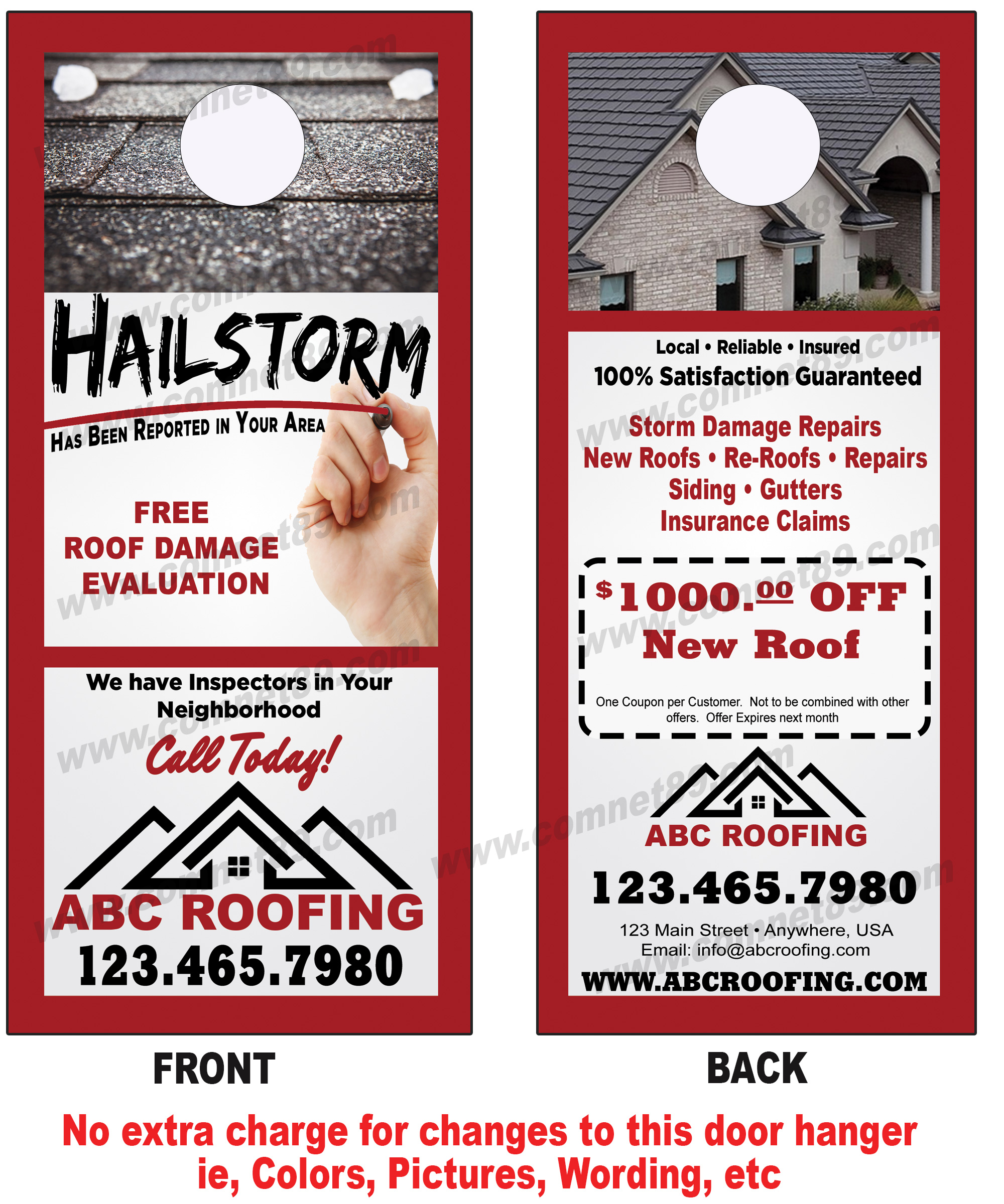 Hail storm door hanger for roofing company.  Custom tailored to fit your roofing company.