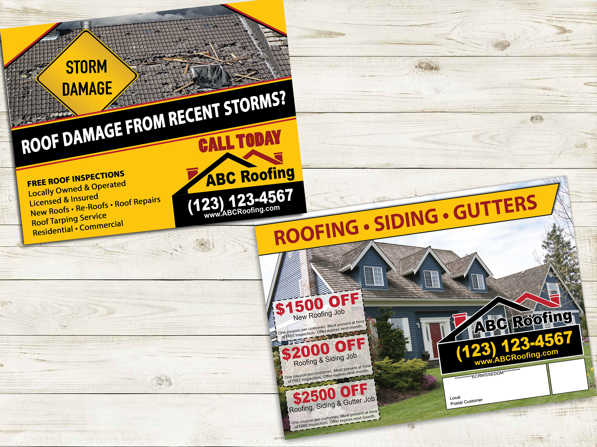 Direct mail postcard for roofing contractor.  Mail after a severe storm.
