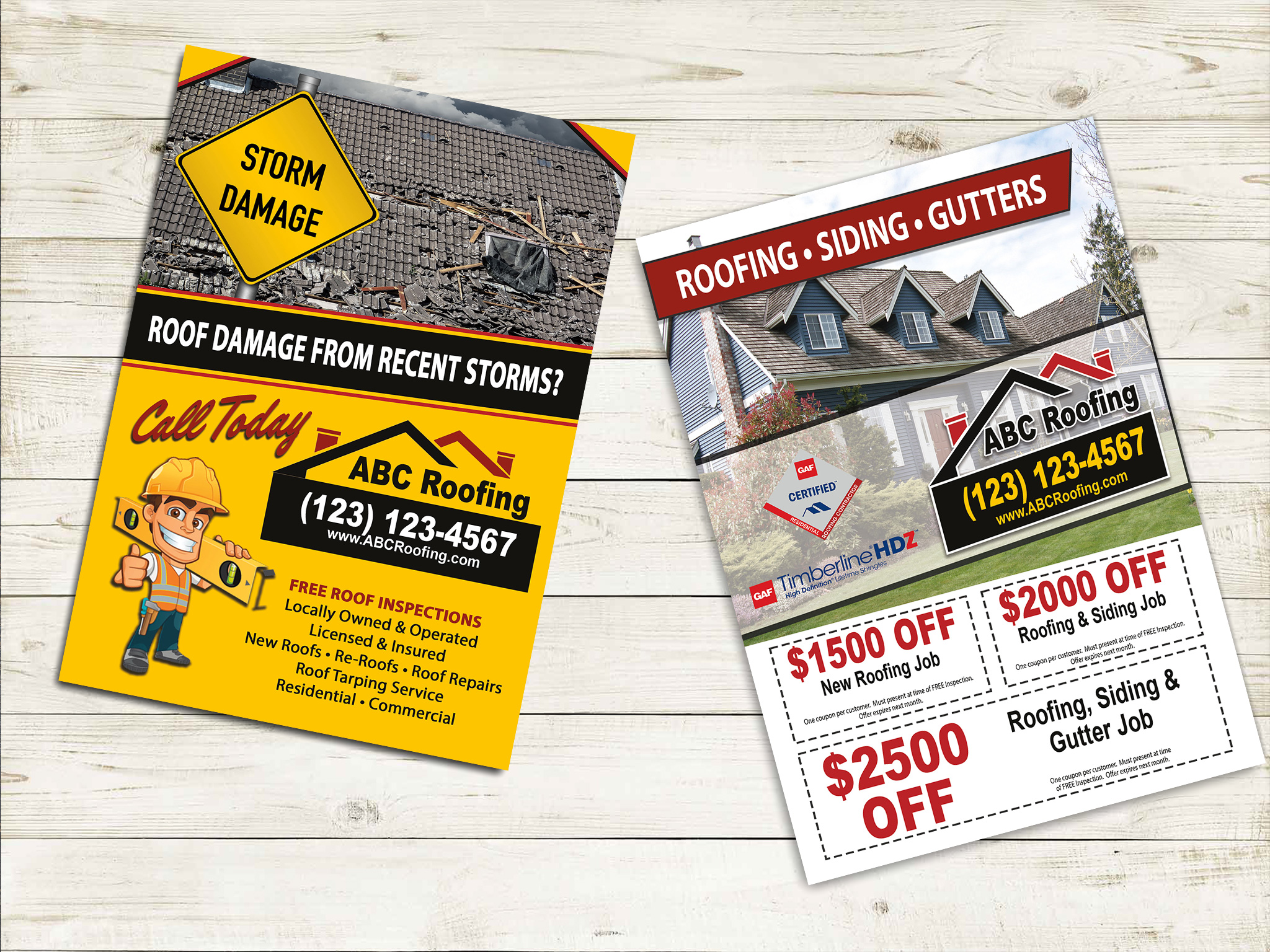 Storm Damage flyer for roofing contractor.  Includes coupons on back