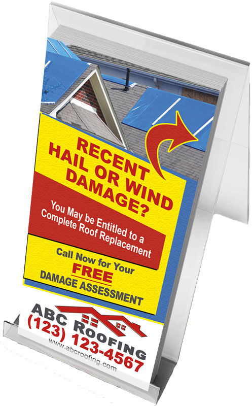 Storm Damage Roofing Rack card.  Place in high visibility areas after a hail or wind storm.