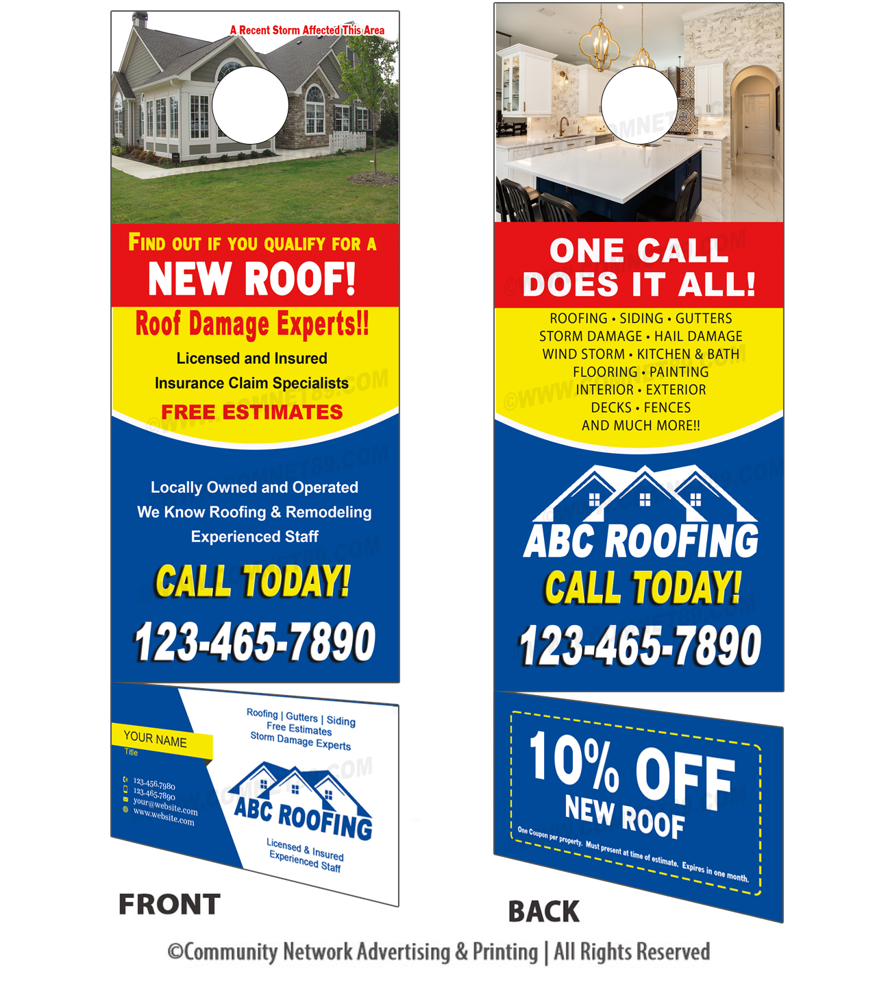 Two marketing items at once.  A storm damage roofing door hanger  card that homeowners can tear off your business card.