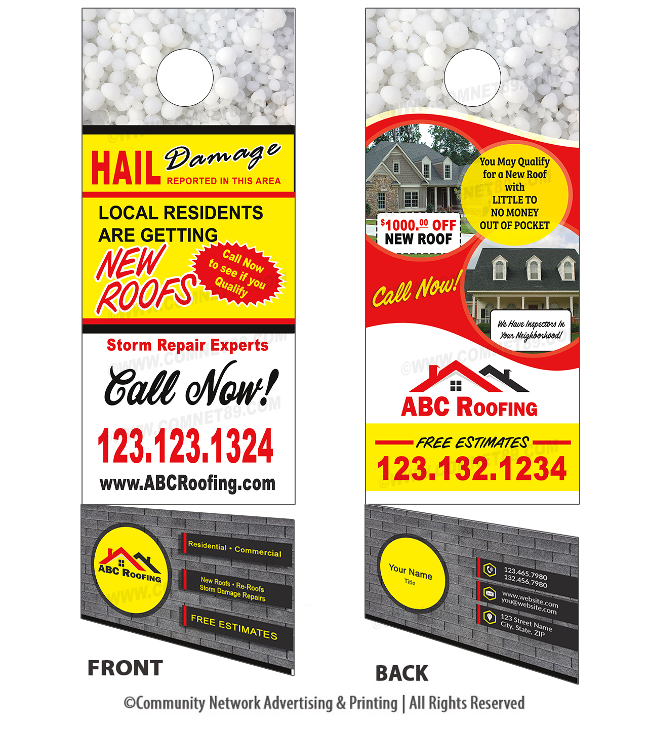 Hail Damage RIP door hanger for roofing contractor with tear away business card