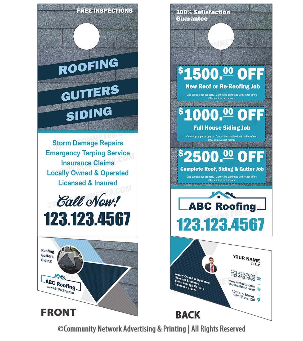 Roofing door hanger with removable business card.  Stand out from the competition and be remembered