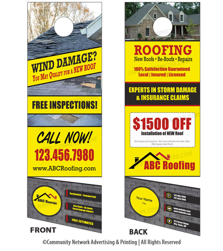 Canvas storm damaged neighborhoods with this roofing door hanger with removable business card.