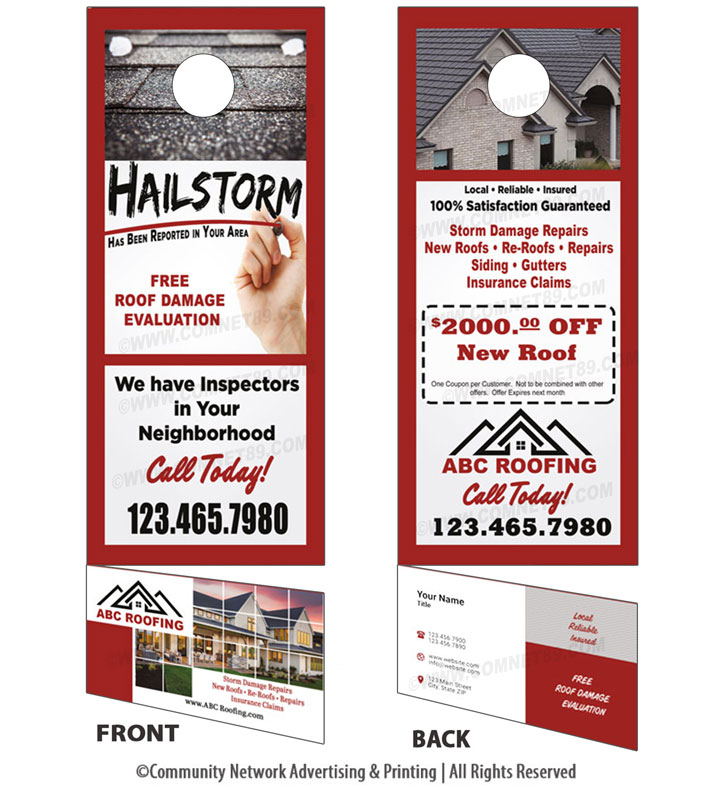 Canvas to hail damaged roofs with this roofing door hanger with removable business card.