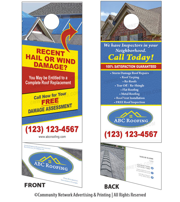 Canvas to storm damaged neighborhoods with this roofing door hanger that includes a tear away business card.