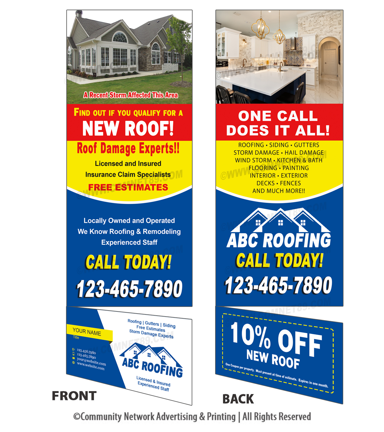 RIP Rack Card for Roofers with removable business card. Double Sided and custom designed for your roofing business