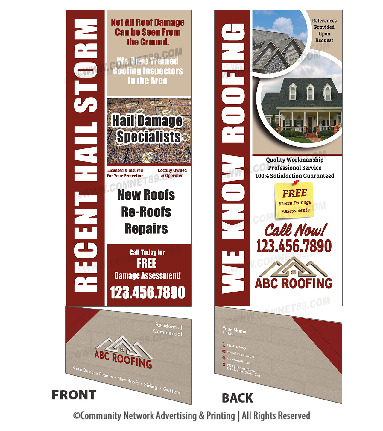 Place this roofing RIP rack cards in high traffic locations after a storm.  Includes a removable business card