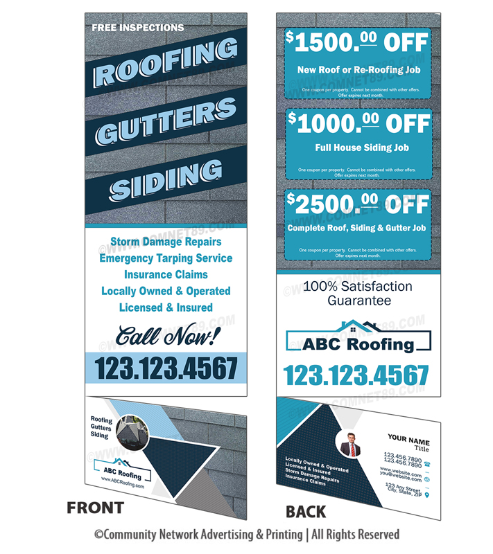 Canvas to property owners that have experienced storm damage with this roofing rack card with tear away business  card.
