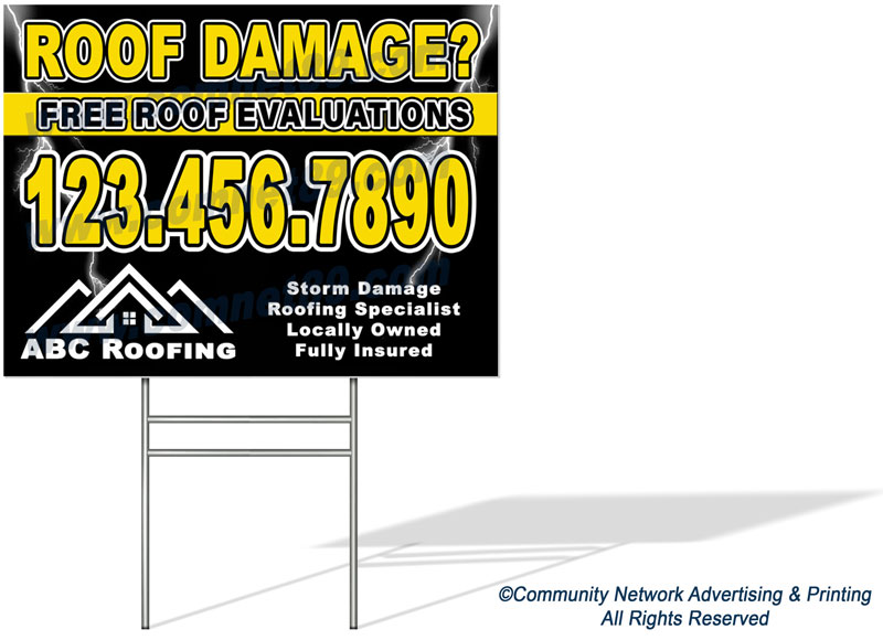 Storm damage roofing yard sign.  Place in damaged neighborhoods after a hail or wind storm, hurricane, tornado, etc.