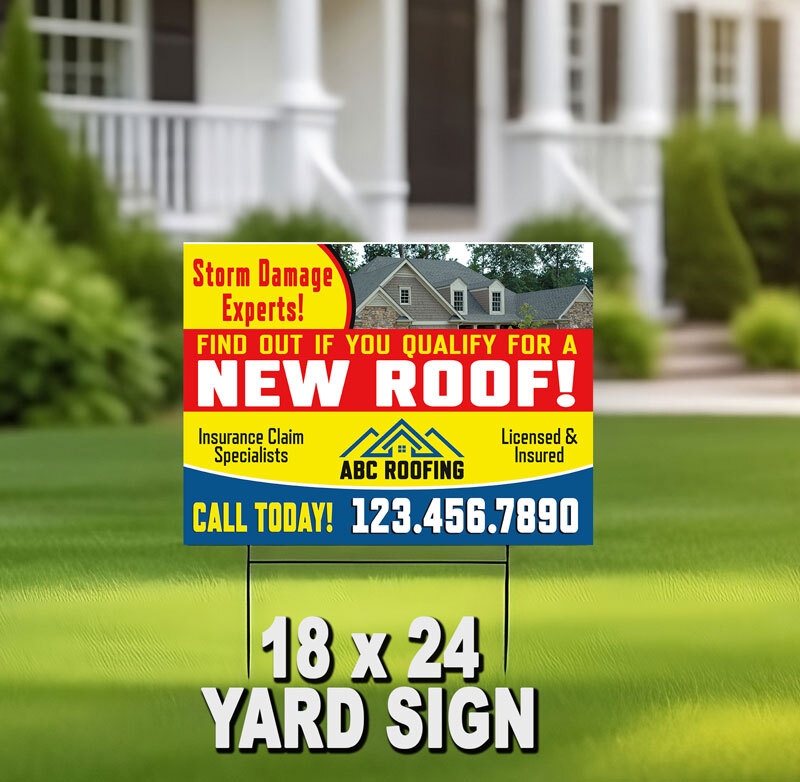 Drive more storm damage roofing leads with eye-catching 18" x 24" yard signs. Customizable for your business needs. Stand out and grow your business today