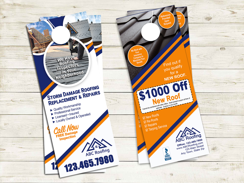 Grab attention with this roofing door hanger.  Custom designed to fit your roofing business.