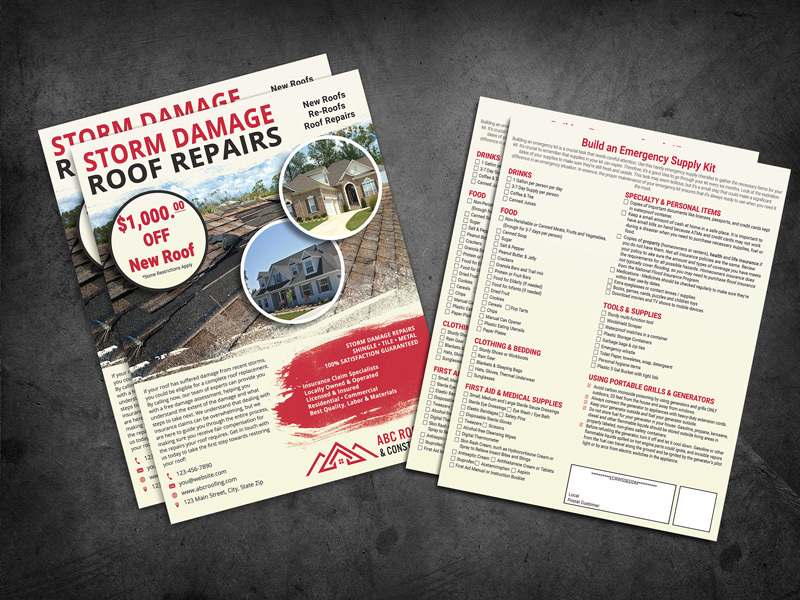 Enhance your roofing contractor business with professionally designed storm damage EDDM postcards. Free changes to wording, images, and more. Disaster supply checklist included!